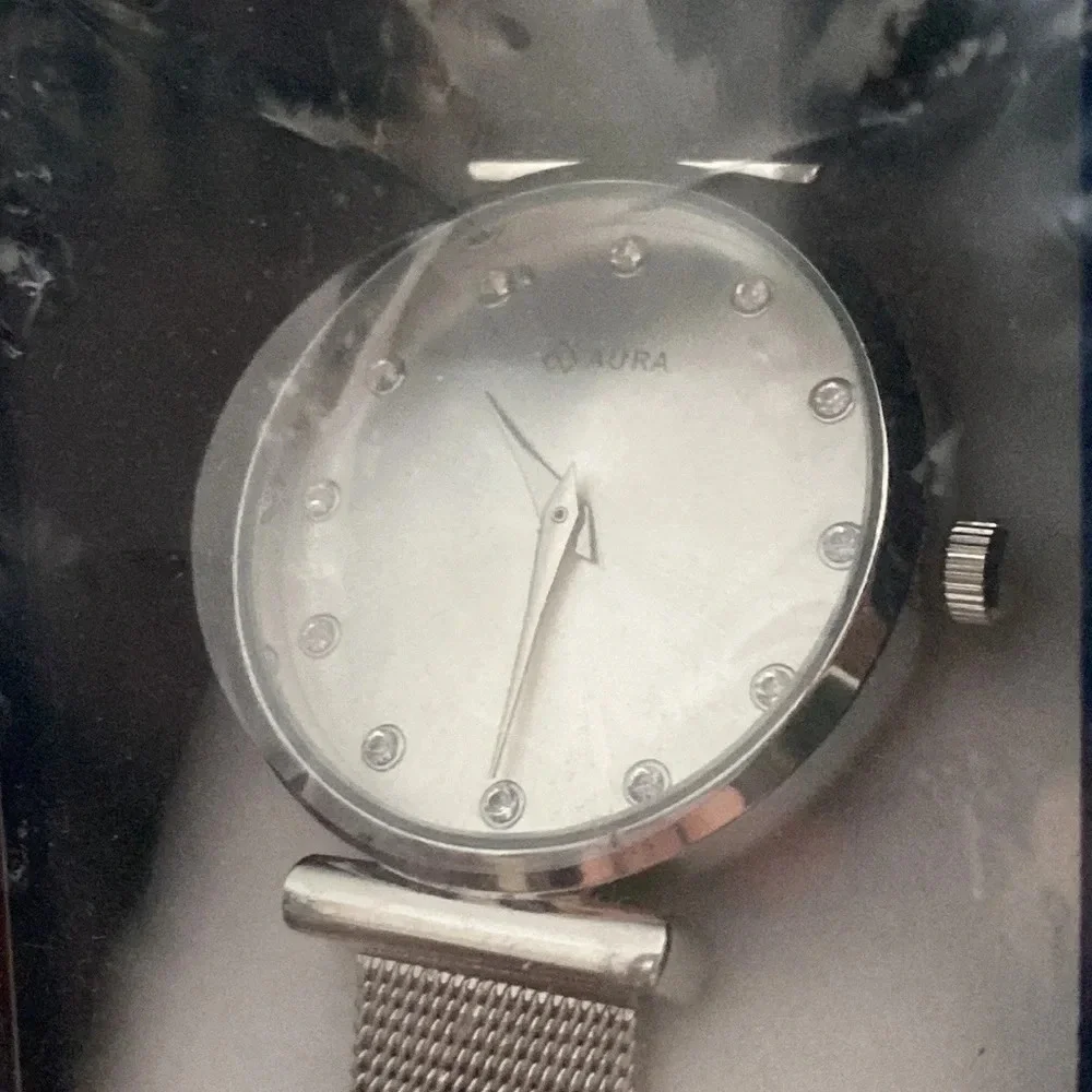 NWT Aura Women’s Watch Silver Faux Crystals from Preciosa Metal Band
